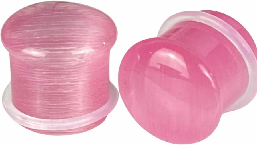 Generic Pair Of Pink Cat Eye Stone Single Flare Plugs (Stn-720) Body Piercing Plugs