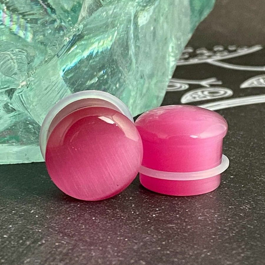 Generic Pair Of Pink Cat Eye Stone Single Flare Plugs (Stn-720) Body Piercing Plugs