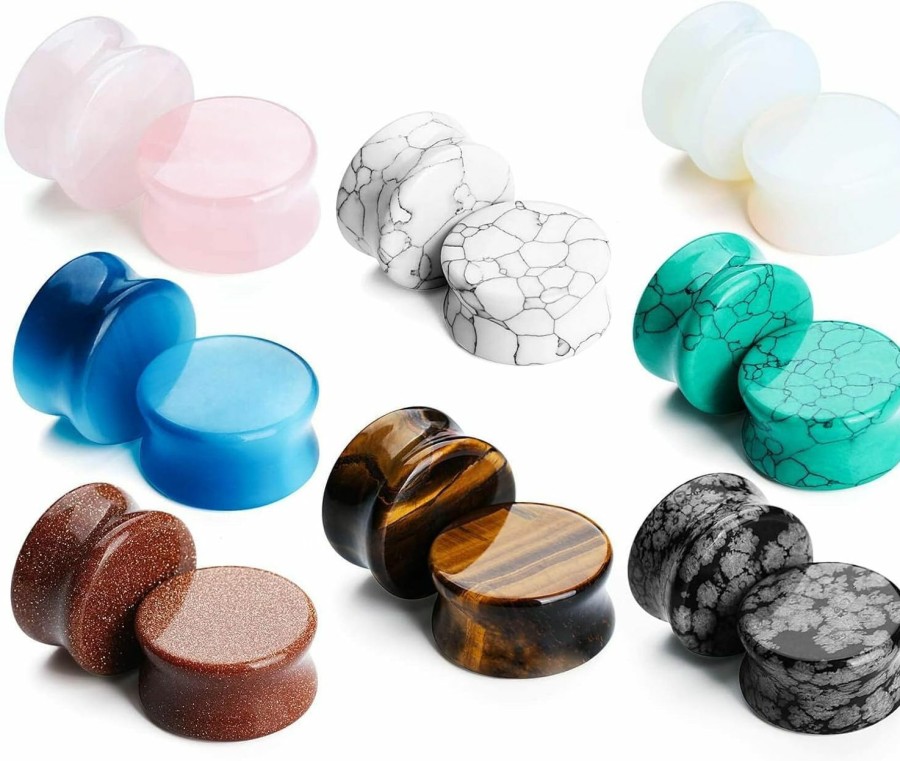 CABBE KALLO Natural Stone Ear Plugs Stretching Gauges Kit,16Pcs Mixed 6Mm-20Mm Saddle Double Flare Tunnel Uni Earrings Body Jewelry Body Piercing Plugs