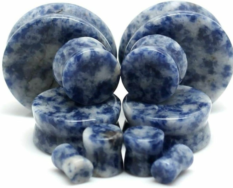 Generic Pair 00G (10Mm) Blue Spot Jasper Stone Plugs Double Flare Gauges Organic White Tunnels (2Pcs) Body Piercing Plugs