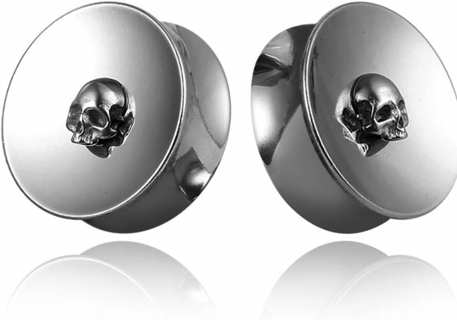 Casvort Casvort 2 Pcs Hypoallergenic 316 Stainless Steel Chic Skull Ear Tunnels Plugs 0G-1 Inch Gauges For Ears Saddle Plugs Body Jewelry For Stretched Lobe Body Piercing Plugs