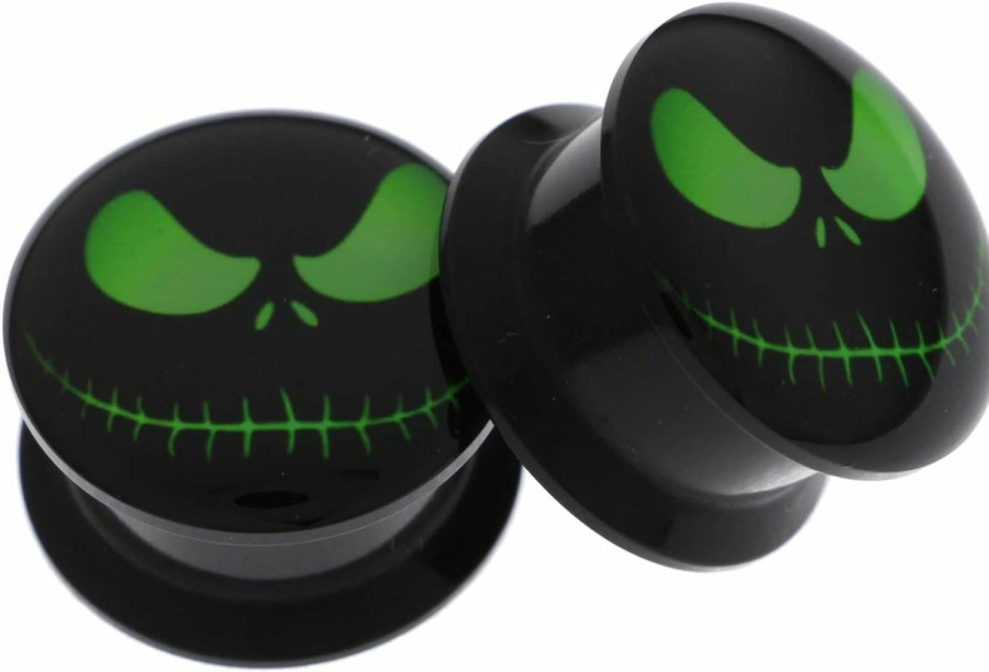 Oasis Plus Balala Black Acrylic Green Halloween Skull Ear Gauges Piercing Tunnels Plugs Statement Earrings Body Piercing Plugs