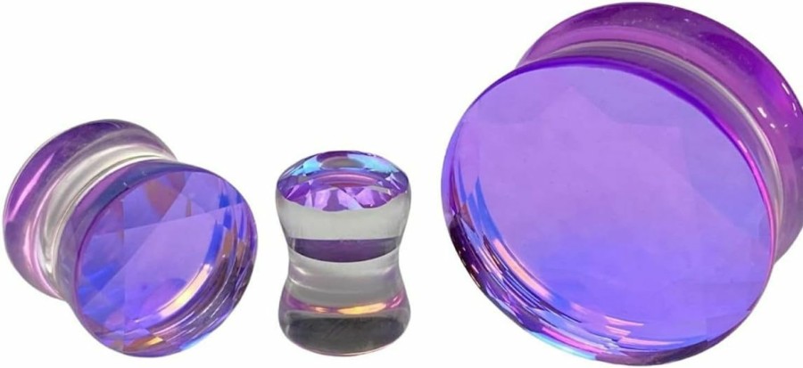 Mystic Metals Body Jewelry Pair Of Purple Iridescent Aurora Borealis Faceted Glass Double Flare Plugs (Pg-596) Body Piercing Plugs