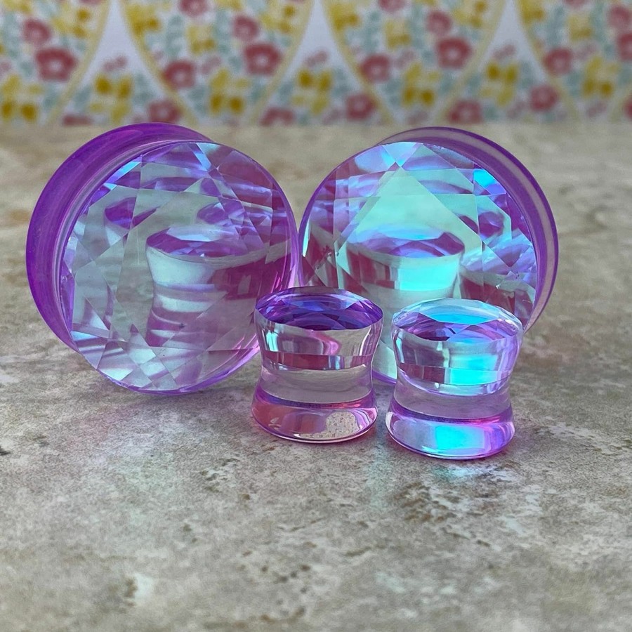 Mystic Metals Body Jewelry Pair Of Purple Iridescent Aurora Borealis Faceted Glass Double Flare Plugs (Pg-596) Body Piercing Plugs