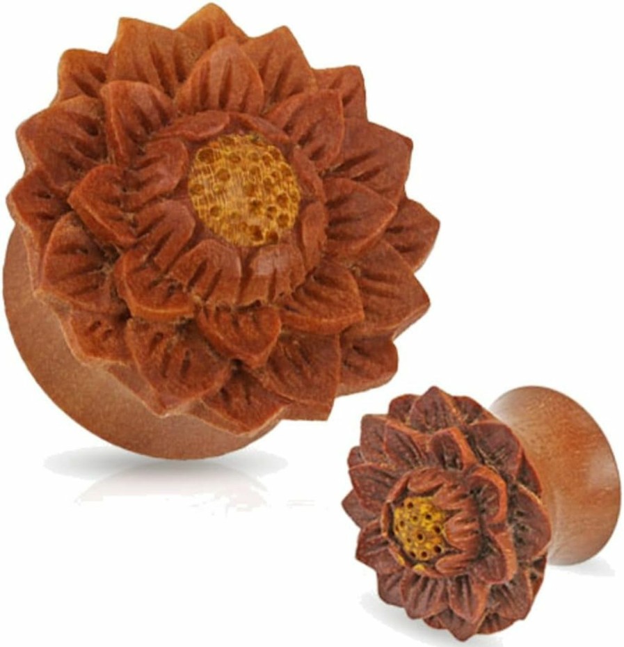 Zaya Body Jewelry Zaya Body Jewelry Pair Of Organic Jackfruit Lotus Flower Wood Hand Carved Ear Plugs Gauges 0G 00G 1/2 9/16 5/8 3/4 7/8 1 Inch Body Piercing Plugs