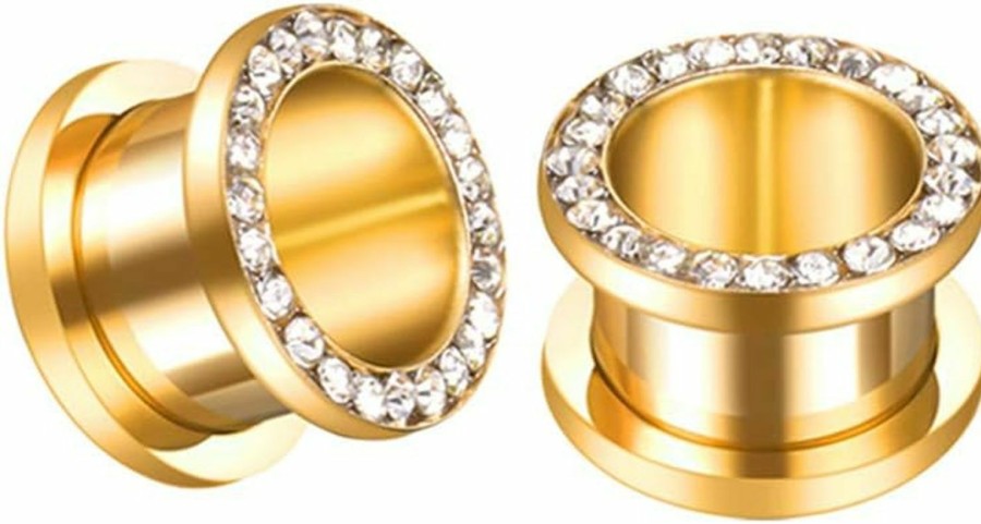 NewZenro Newzenro 14K Gold Plated Crystal Rhinestones Cz Ear Tunnels Plugs Expander Gauges Stretcher Earrings Screw Stainless Steel Hypoallergenic Body Piercing Jewelry Personalized Gifts Men Women Bff Body Piercing Plugs