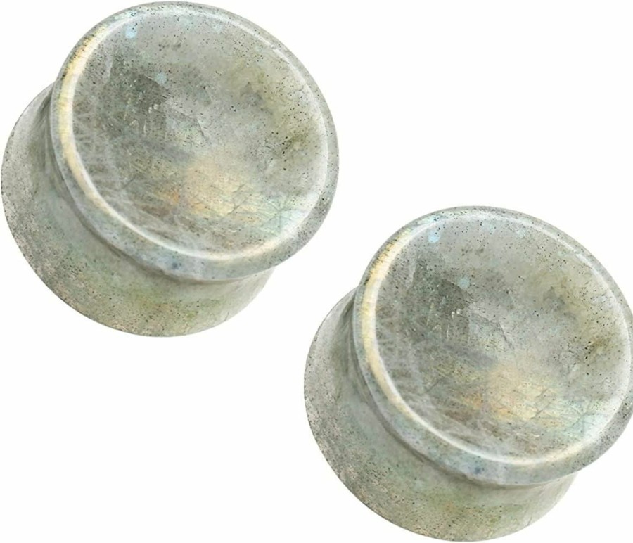 blue palm jewelry Blue Palm Jewelry Pair Of White Labradorite Stone Double Flare Concave Stone Ear Plugs Expander Gauges 2Ga - 1 Inch E604 Body Piercing Plugs