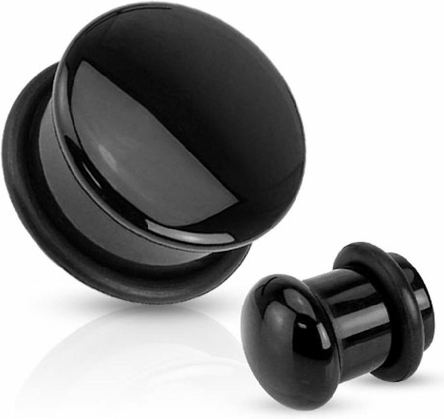 Inspiration Dezigns Inspiration Dezigns Black Agate Semi Precious Stone Domed Single Flare Plugs With O-Ring - Sold As Pairs Body Piercing Plugs