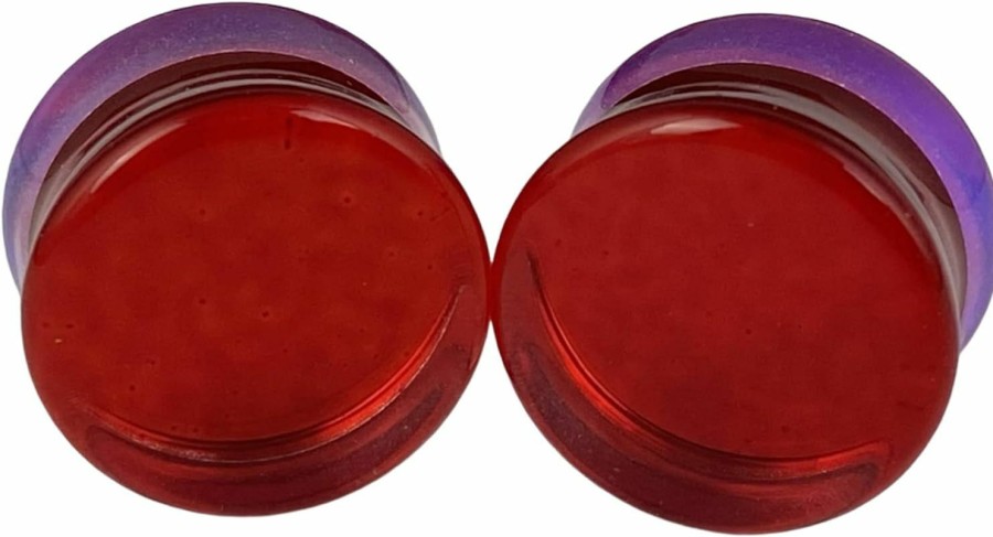 Mystic Metals Body Jewelry Pair Of Red/Aqua Iridescent Double Sided Glass Plugs (Pg-547) Body Piercing Plugs