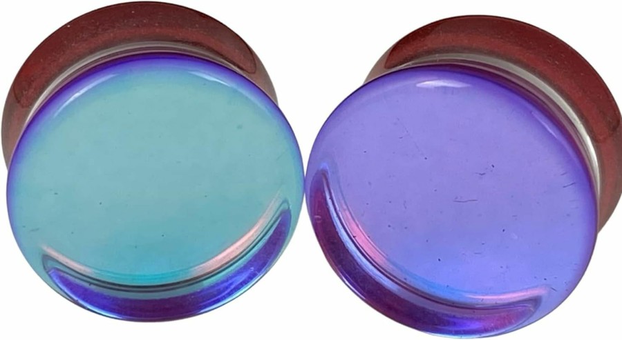 Mystic Metals Body Jewelry Pair Of Red/Aqua Iridescent Double Sided Glass Plugs (Pg-547) Body Piercing Plugs