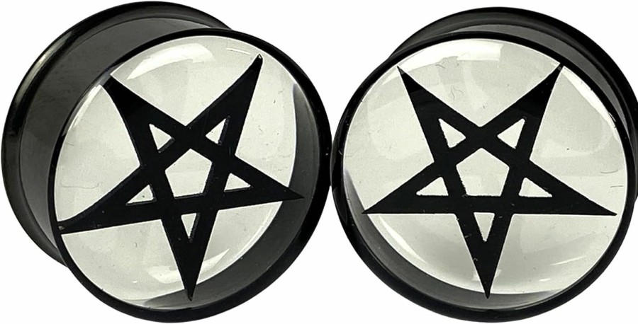 Mystic Metals Body Jewelry Pair Of Black Embedded Pentagram In Clear Resin Plugs (Mto-066) Body Piercing Plugs