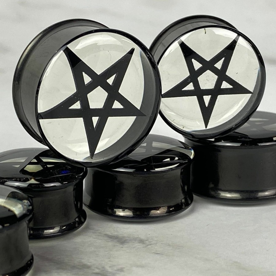 Mystic Metals Body Jewelry Pair Of Black Embedded Pentagram In Clear Resin Plugs (Mto-066) Body Piercing Plugs