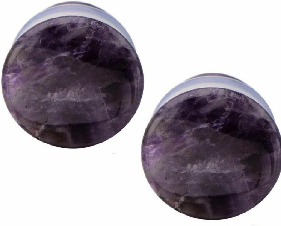 Pierced Owl Pierced Owl - Amethyst Natural Stone Single Flare Plugs With Clear O Ring, Sold As A Pair Body Piercing Plugs