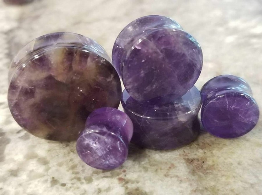 blue palm jewelry Blue Palm Jewelry Pair Of Amethyst Double Flare Stone Ear Plugs Expander Gauges 2Ga - 1 Inch E553 Body Piercing Plugs