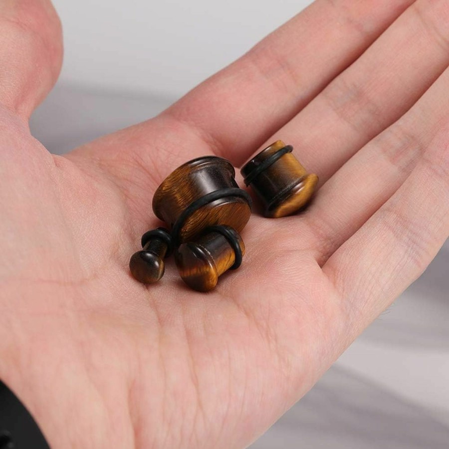 ZS Zs Tiger Eye Natural Stone Brown Ear Plugs Single Flare Ear Gauges Expander With O-Ring Body Piercing Body Piercing Plugs