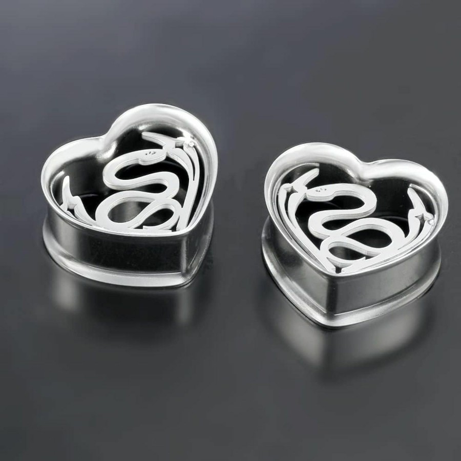 Earblity 0G - 1"(8Mm-25Mm) Stainless Steel Heart Cool Snake Ear Piercing Ear Tunnels Gauges Plugs Stretcher Expander Body Jewelry 2Pcs Body Piercing Plugs