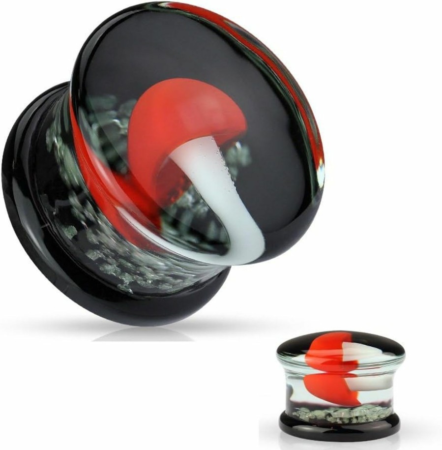 Dynamique Dynamique Pair Of Pyrex Glass Double Flared Plugs Black Back With Red And White Mushroom On Glow In Dark Sparkles Body Piercing Plugs