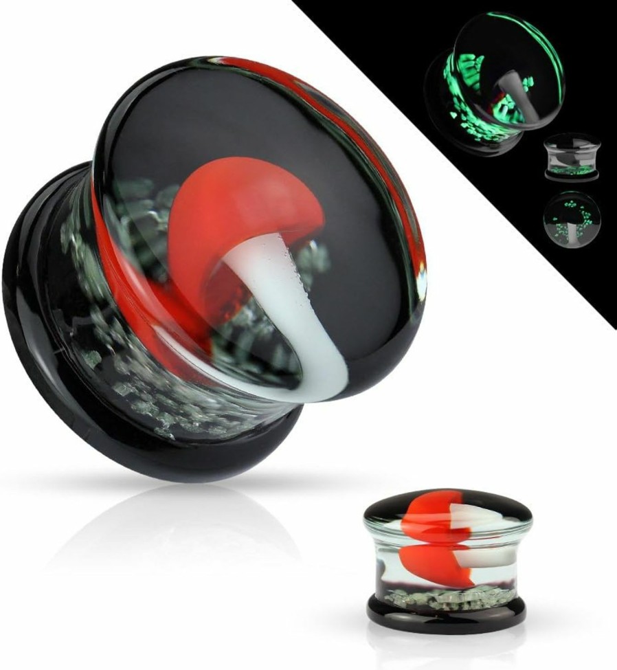 Dynamique Dynamique Pair Of Pyrex Glass Double Flared Plugs Black Back With Red And White Mushroom On Glow In Dark Sparkles Body Piercing Plugs