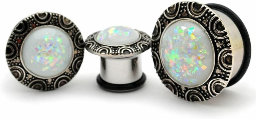 Mystic Metals Body Jewelry Mystic Metals Body Jewelry Pair Of 316L Steel Single Flare Plugs With Brass Top And Synthetic Opal (Ps-117) Body Piercing Plugs