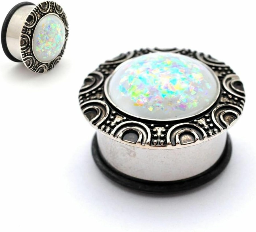 Mystic Metals Body Jewelry Mystic Metals Body Jewelry Pair Of 316L Steel Single Flare Plugs With Brass Top And Synthetic Opal (Ps-117) Body Piercing Plugs