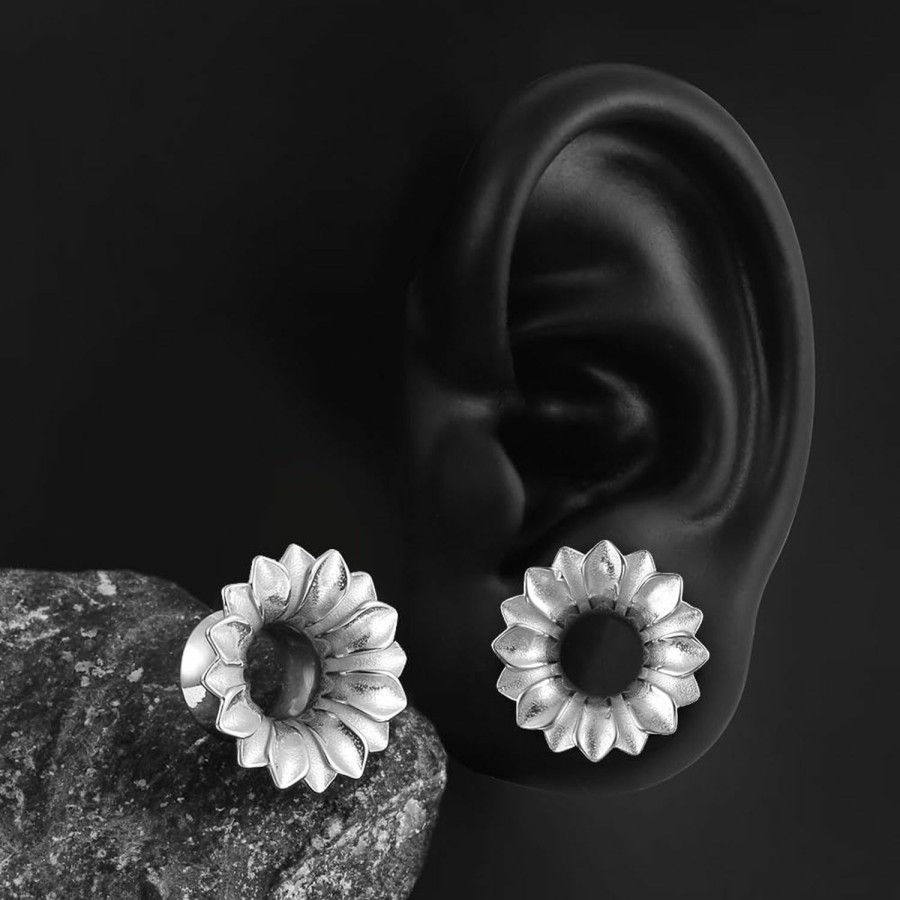 MOQIKAKA 2Pcs Beautiful Sunflower Gauges Plugs Tunnels For Ears, Hypoallergenic 316 Stainless Steel Ear Plugs Tunels Gauuges For Stretched Ears 8Mm-25Mm (0G-1") Body Piercing Jewelry For Women Men Body Piercing Plugs