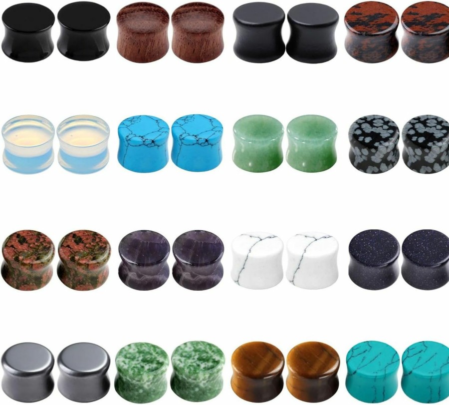 PiercingJ Piercingj Acrylic Wood Mixed Stone Plugs 16 Pairs/32 Pieces Set Ear Plugs Ear Tunnels Ear Gauges Double Flared Ear Expander Stretcher Set Body Piercing Plugs