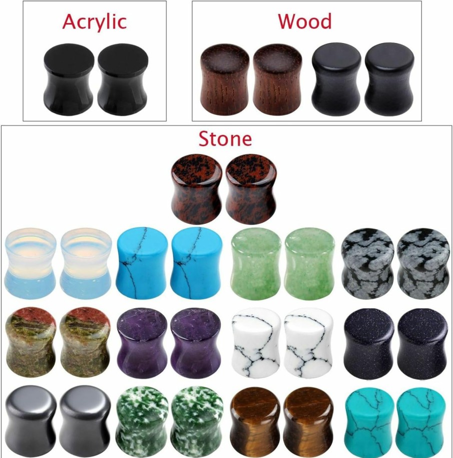 PiercingJ Piercingj Acrylic Wood Mixed Stone Plugs 16 Pairs/32 Pieces Set Ear Plugs Ear Tunnels Ear Gauges Double Flared Ear Expander Stretcher Set Body Piercing Plugs