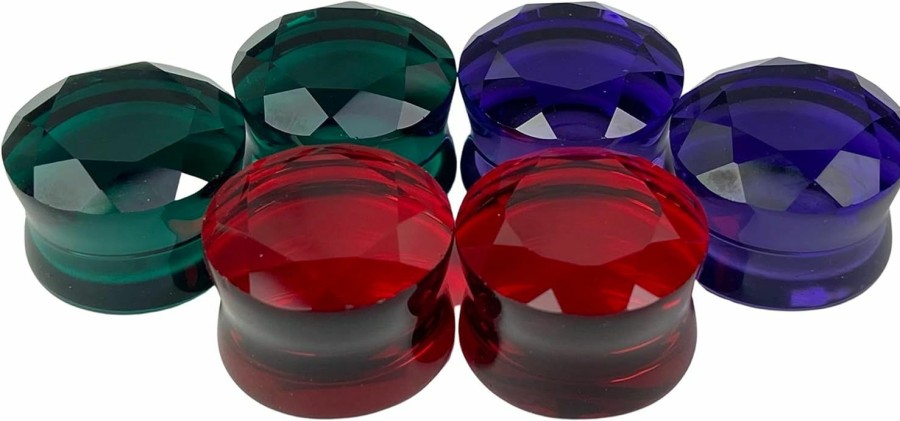 Mystic Metals Body Jewelry Set Of 3 Pairs Faceted Glass Double Flare Plugs (Purple, Green, Red)(Bp-041) Body Piercing Plugs