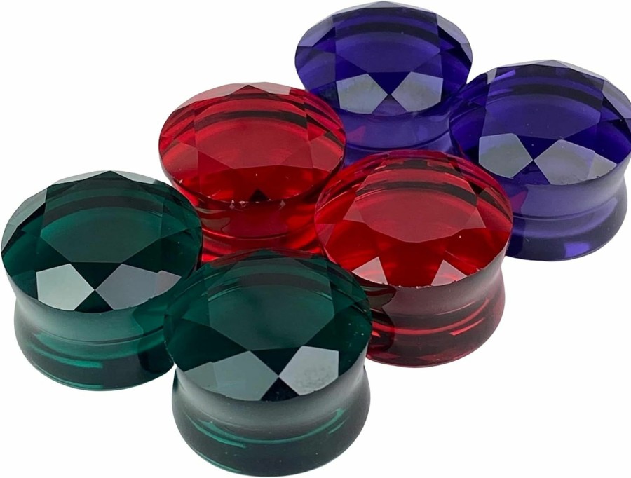 Mystic Metals Body Jewelry Set Of 3 Pairs Faceted Glass Double Flare Plugs (Purple, Green, Red)(Bp-041) Body Piercing Plugs