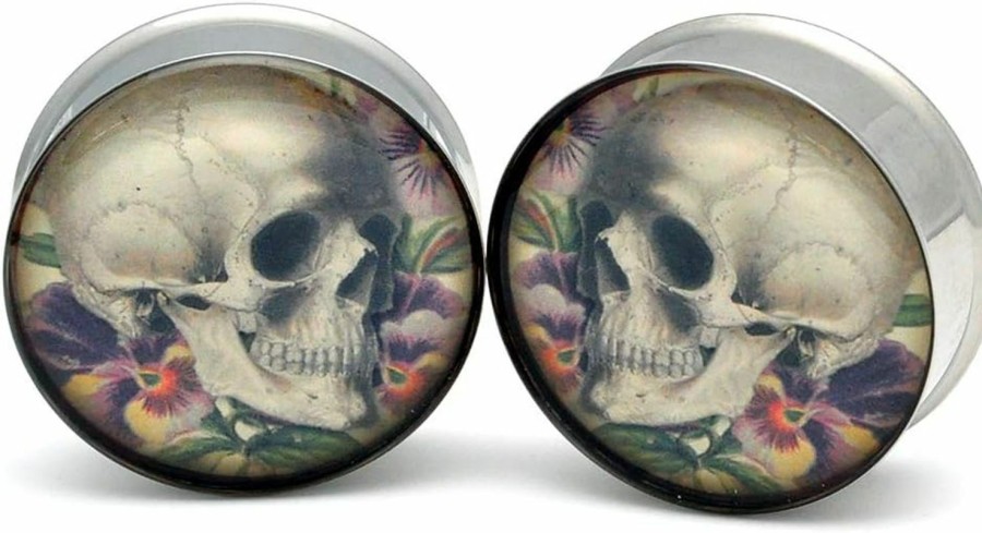 Mystic Metals Body Jewelry Mystic Metals Body Jewelry Large Gauge Vintage Skull Style 6 Picture Plugs - Sold As A Pair Body Piercing Plugs