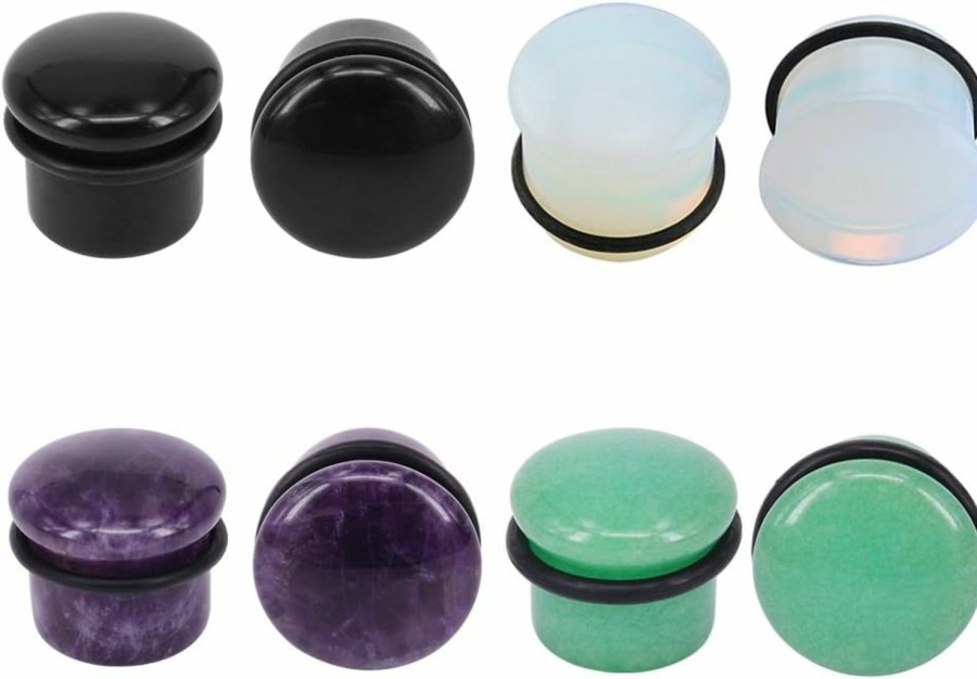 PunkTracker 4 Pairs 4G-11/16\" Mixed Natural Stone Ear Plugs Gauges Single Flared Stretchers Expander Silicone O-Rings Body Piercing Plugs