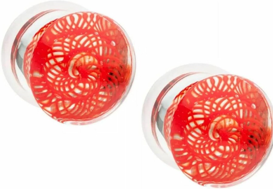 Pierced Owl Pierced Owl Red Woven Spiral Design Glass Single Flare Plugs, Sold As Pair Body Piercing Plugs