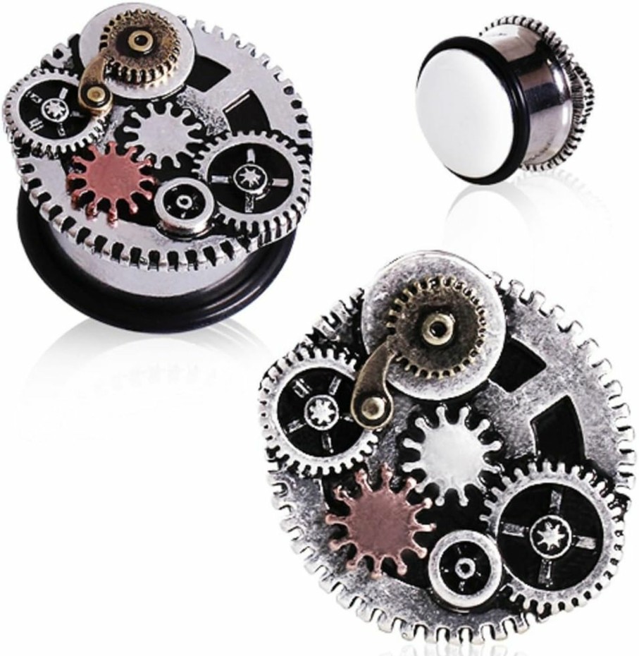 Pierced Owl Pierced Owl - 316L Surgical Steel Steampunk Gear Plug Gauges With Black O-Rings, Sold As Pair Body Piercing Plugs