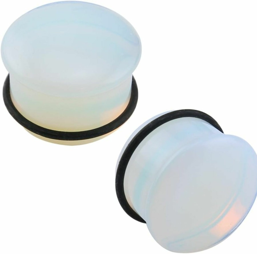 ZS Zs Single Flare Clear Opalite Moonstone Ear Plugs And Tunnels With O-Ring Stretcher Expander Pair Body Piercing Plugs