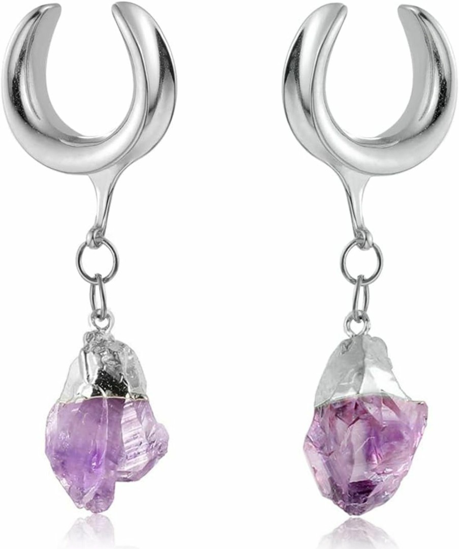 Casvort Casvort 2 Pcs Hypoallergenic 316 Stainless Steel Saddle Tunnels Hangers Amethyst Stone Dangle Ear Gauges Plugs Stretcher Earring Body Jewelry 8Mm-25Mm (0G-1") Body Piercing Plugs