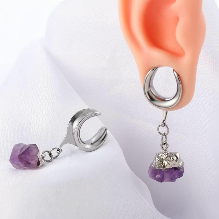 Casvort Casvort 2 Pcs Hypoallergenic 316 Stainless Steel Saddle Tunnels Hangers Amethyst Stone Dangle Ear Gauges Plugs Stretcher Earring Body Jewelry 8Mm-25Mm (0G-1") Body Piercing Plugs