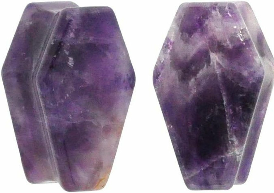 Mystic Metals Body Jewelry Mystic Metals Body Jewelry Pair Of Amethyst Stone Coffin Shaped Double Flare Plugs (Stn-651) (3/4\" (19Mm)) Body Piercing Plugs