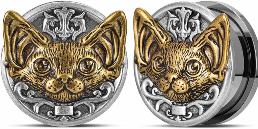 PUNKYOUTH 1 Pair Retro Ear Gauges Screw Fit Plug Flesh Tunnels Cat Fox Elephant Stretcher Earrings Hanger Expander Piercing Jewelry 8Mm-25Mm Body Piercing Plugs