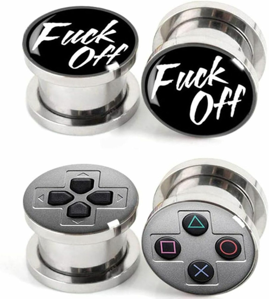 Awinrel Awinrel Stainless Steel Ear Gauges Plug Game Console And F**K Off Tunnel Stretching Expander Body Piercing Jewelry 4 Pieces Set 2G-1\" Body Piercing Plugs