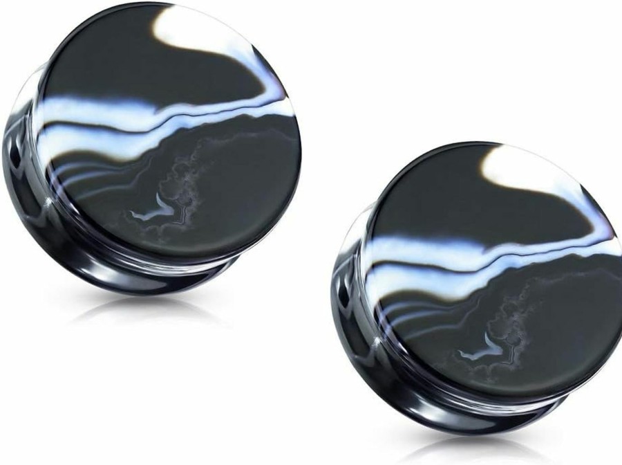 Pierced Owl Pierced Owl - Natural Black And White Agate Stone Double Flared Saddle Plug Gauges, Sold As A Pair Body Piercing Plugs