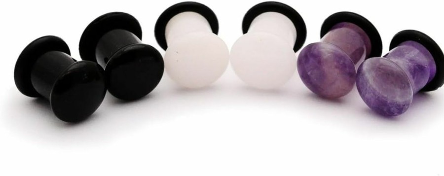 Mystic Metals Body Jewelry Mystic Metals Body Jewelry Set Of 3 Pairs Single Flare Stone Plugs - 0G - 8Mm - (White Jade, Amethyst, Black Agate) Body Piercing Plugs