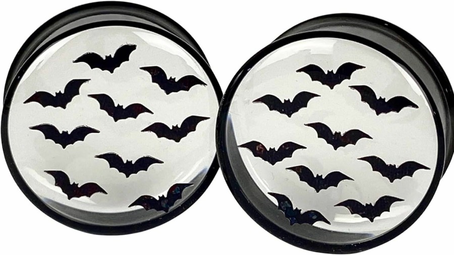 Mystic Metals Body Jewelry Mystic Metals Body Jewelry Pair Of Black Steel Round Plugs With Embedded Bats In Clear Resin (Mto-067) Body Piercing Plugs