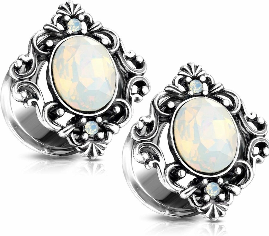 Pierced Owl Pierced Owl - Vintage Filigree White Oval Synthetic Opal Square Front-Facing Double Flared Plugs, Sold As Pair Body Piercing Plugs