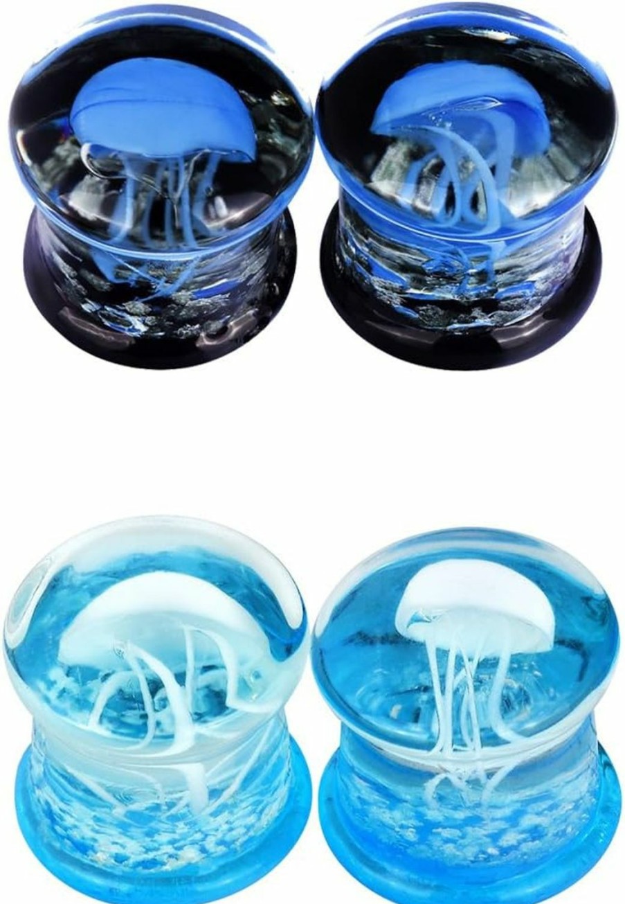 Stuppendux Stuppendux 4 Style 2Set Color Ocean Jellyfish Glass Double Flared Ear Plugs Tunnels Expander Stretching Kit Gauge 0G-5/8 8-16Mm Body Piercing Plugs