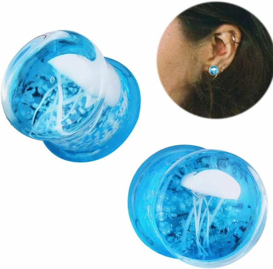 Stuppendux Stuppendux 4 Style 2Set Color Ocean Jellyfish Glass Double Flared Ear Plugs Tunnels Expander Stretching Kit Gauge 0G-5/8 8-16Mm Body Piercing Plugs