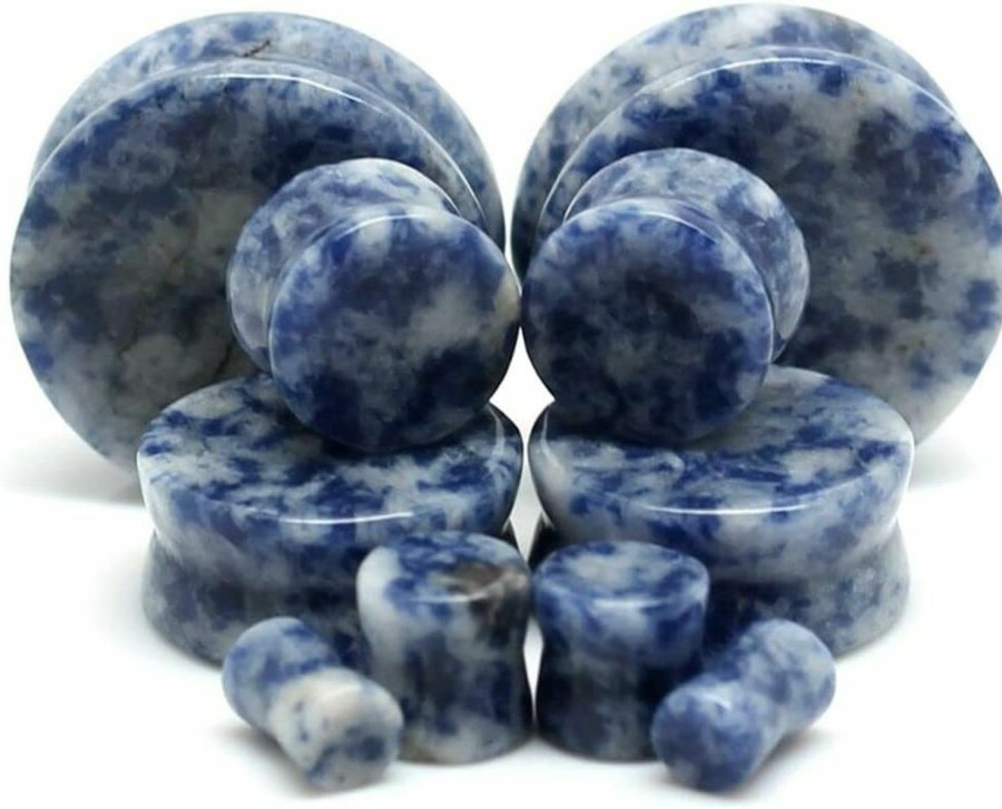 Generic Pair 8G (3Mm) Blue Spot Jasper Stone Plugs Double Flare Gauges Organic White Tunnels (2Pcs) Body Piercing Plugs