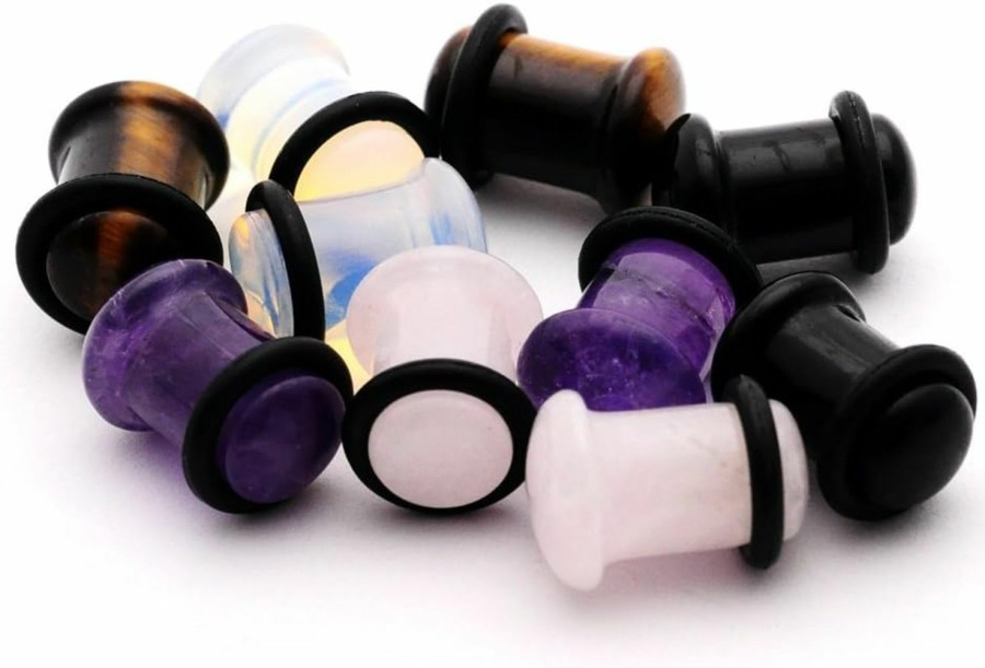 Mystic Metals Body Jewelry Mystic Metals Body Jewelry Set Of 5 Pairs Single Flare Stone Plugs - Amethyst, Black Agate, Opalite, Tiger Eye, Rose Quartz Body Piercing Plugs