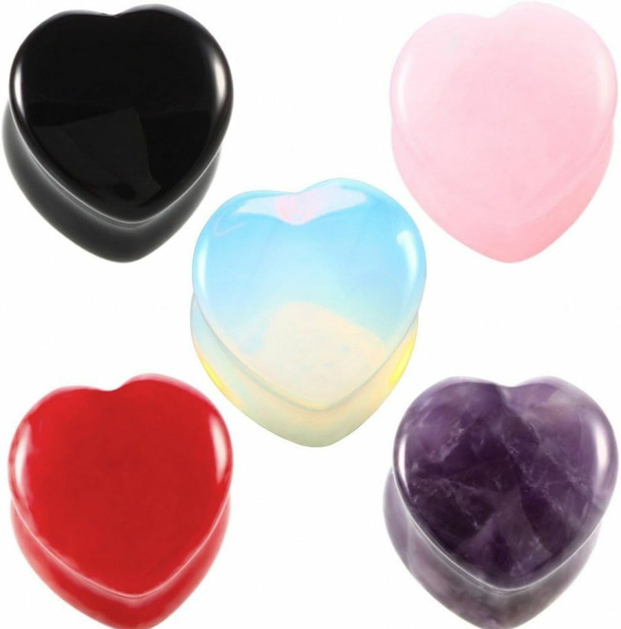 IPINK Ipink-5 Pair Organic Heart Shaped Natural Stone Saddle Plug Tunnel Ear Gauges Earring Body Piercing Plugs