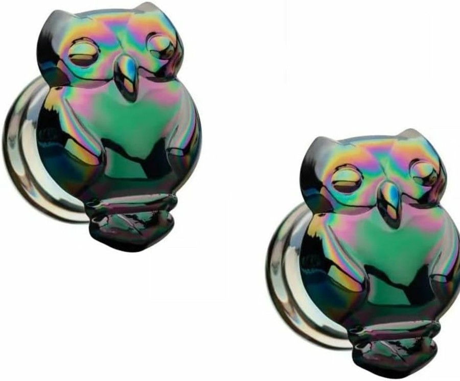 Pierced Owl Rainbow Owl Glass Double Flared Plugs, Sold As Pair Body Piercing Plugs