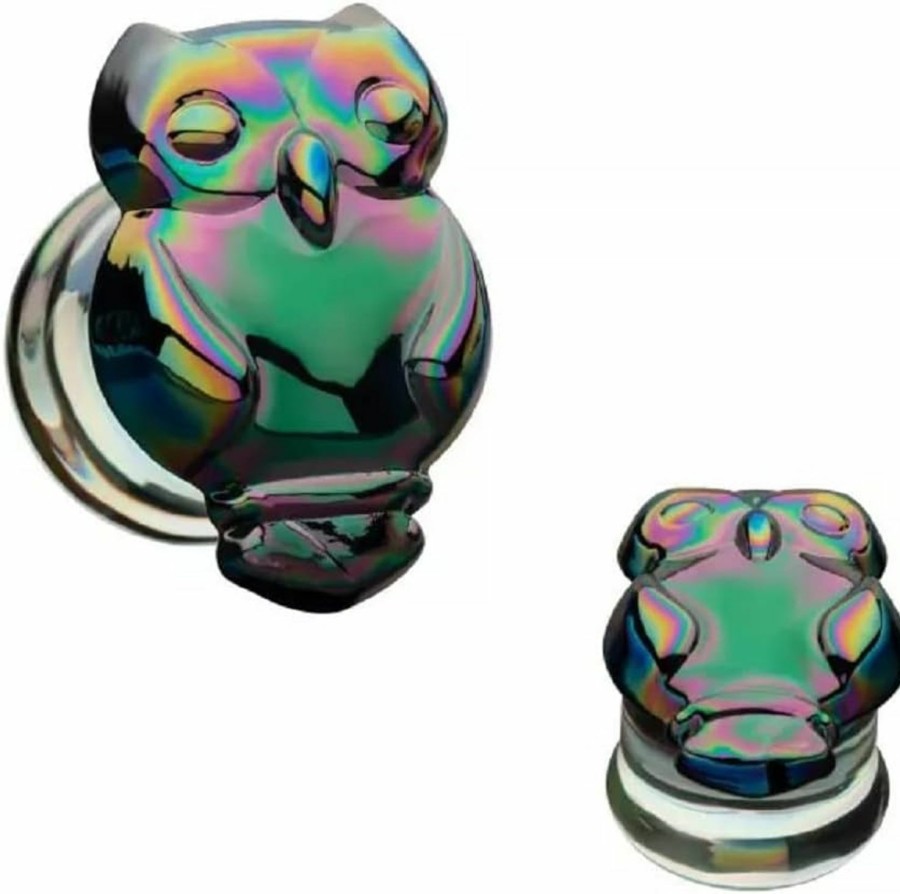 Pierced Owl Rainbow Owl Glass Double Flared Plugs, Sold As Pair Body Piercing Plugs